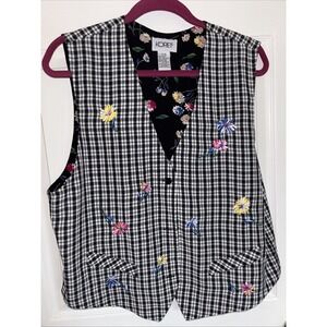 Reversible Vest Size 12 Floral Embroidered Cottage Grandma Black White Koret